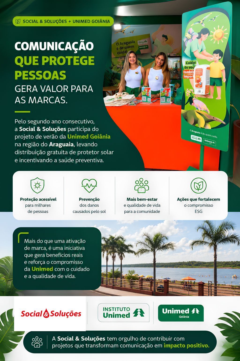 Social & Soluções participa por mais um ano do projeto de verão da Unimed Goiânia no Araguaia com distribuição gratuita de protetor solar